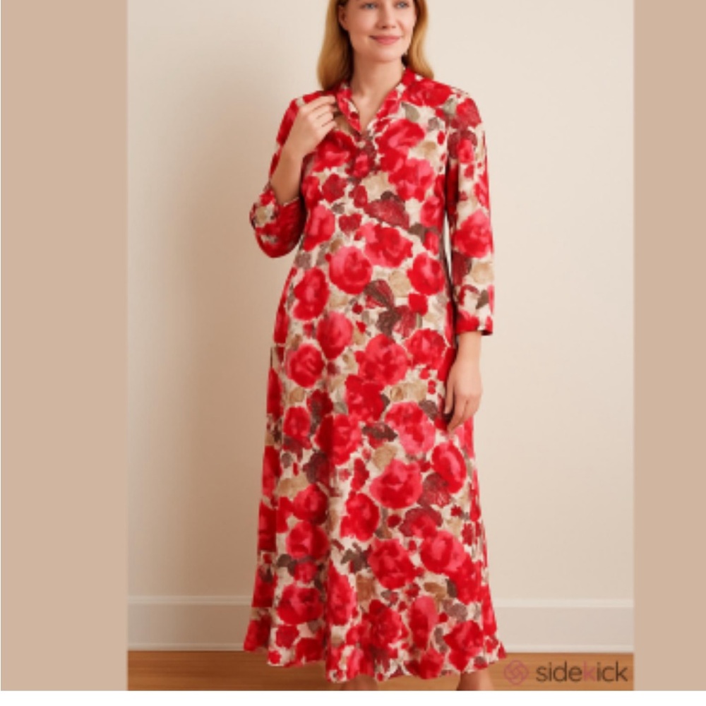 Vintage Nancy G Floral Maxi Dress in Red, Pink & Gold L-XL